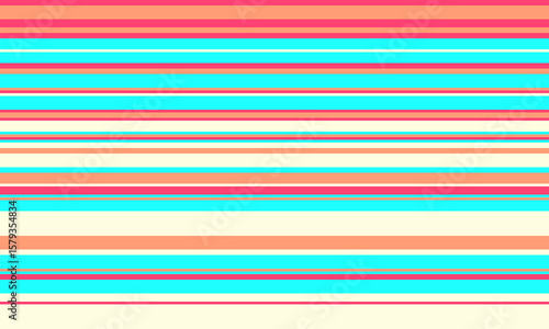 Vibrant horizontal stripes in pastel peach, turquoise, and pink create a cheerful, summery backdrop.