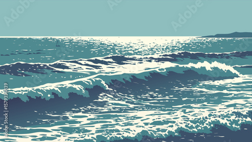 Ocean waves seascape art print for sale featuring calming sea view with sailboat in distance and island view
