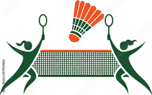 Two stylized figures playing badminton with a shuttlecock over the net