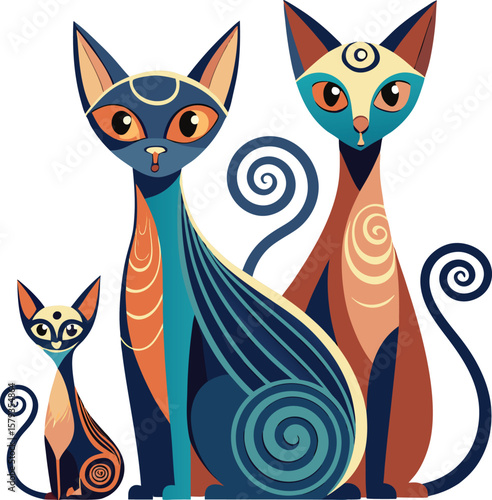 Stylized family of cats in decorative abstract style. Vector illustration of cats and kitten.
