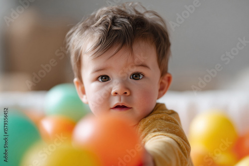 Inquisitive baby immersed in a colorful ball pit, reaching out with playful curiosity. Perfect for illustrating childhood, learning, innocence, and joy.