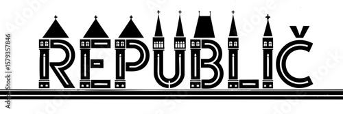 Republic Typography Art with Church Spires, Black and Transparent Vector Illustration, Czech Republic Inspired Design