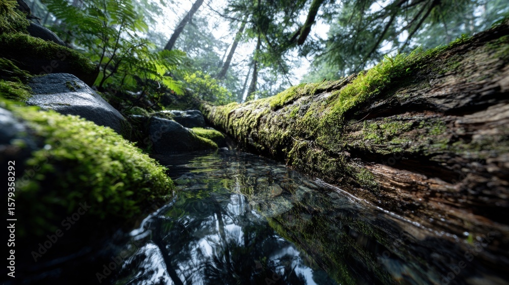 Fototapeta premium Moss-covered log in a forest stream.