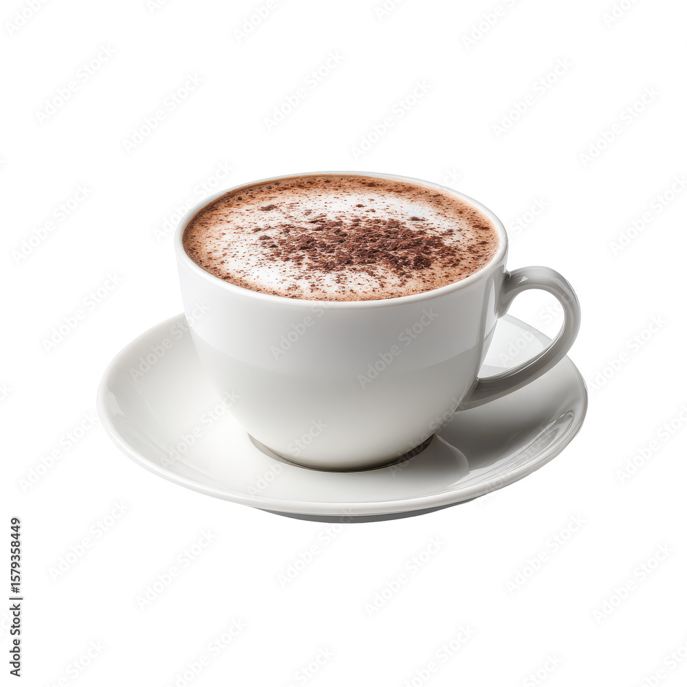 White ceramic cup filled with rich coffee, smooth milk froth, and dusted cocoa, served on saucer for a cozy vibe, on transparent background White ceramic cup filled with rich coffee, smooth milk froth, and dusted cocoa, served on saucer for a cozy vibe, on transparent background