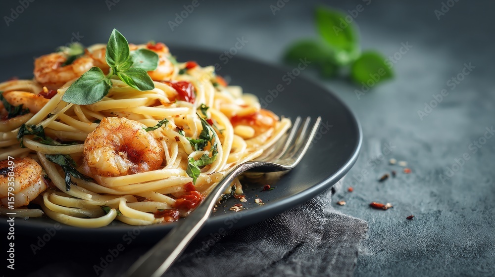 Fototapeta premium Close-up plate of shrimp pasta placed on a gray table