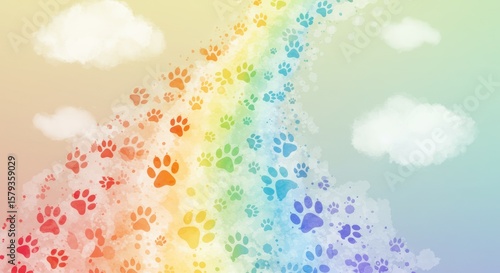 Rainbow arch of paw prints between fluffy clouds on a soft pastel gradient background