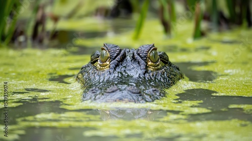A crocodile emerging from murky water with only eyes and snout visible surrounded by thick swamp vegetation