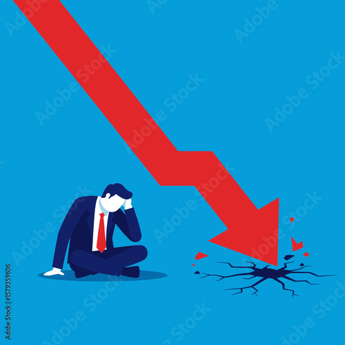 A distressed businessman sits on the ground as a large red arrow crashes down, symbolizing economic downturn and financial crisis.