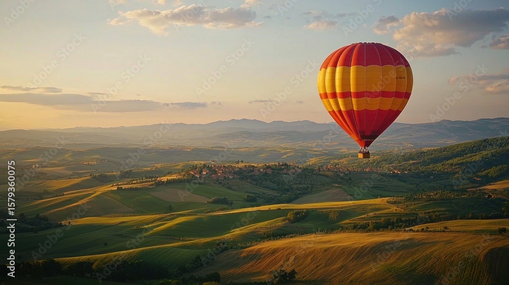 Naklejka premium A balloonist waving from the sky while flying over a scenic countryside landscape