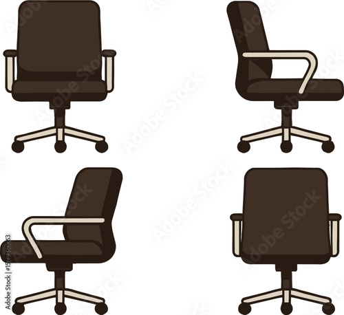 Four-view illustration of a modern black office chair.