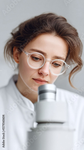 Focused scientist in lab coat and glasses using a microscope. Represents research, healthcare, or advanced study. Perfect for medicine, science, or tech content.