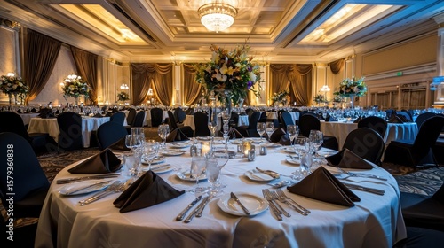 A corporate gala set up in a grand hotel ballroom with banquet tables and lighting