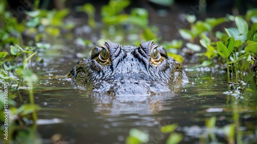 A crocodile emerging from murky water with only eyes and snout visible surrounded by thick swamp vegetation