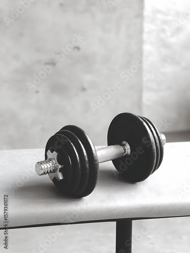 Dumbbell resting on a bench, symbolizing fitness, strength, and determination. Great for health, wellness, exercise, or gymrelated content. Monochrome, simple, impactful.