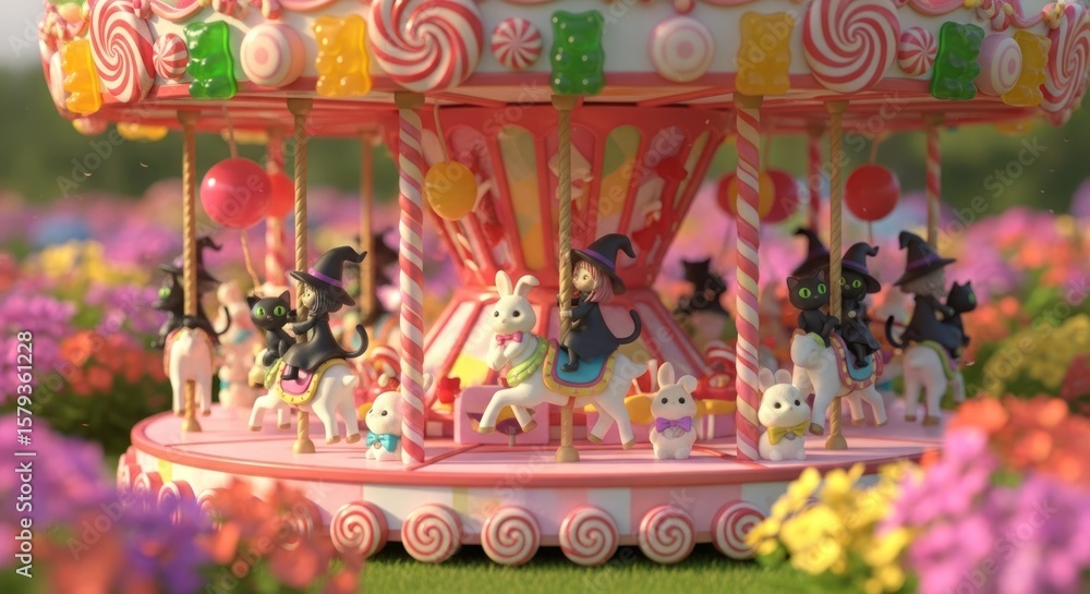 Naklejka premium A whimsical carousel with candy decorations and cartoon characters riding on white horses in a field