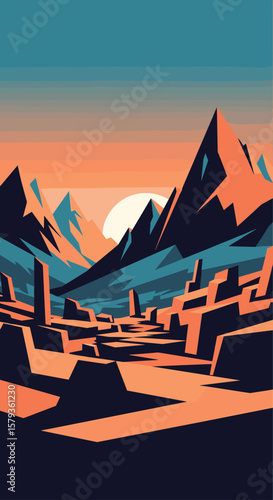 Vibrant pixelated mountain landscape during golden hour sunset