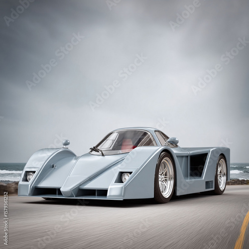 Sleek silver sports car speeding along a coastal road. The powerful automobile embodies freedom, ambition, and technological innovation. Ideal for automotive or luxury themes.