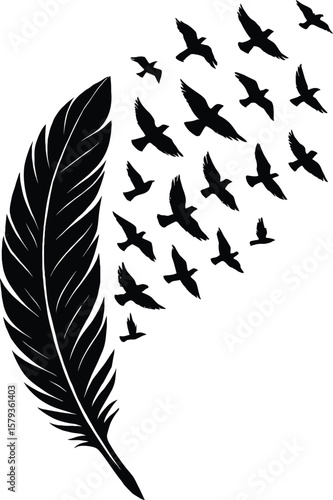 A feather, birds taking flight, symbolizes freedom and inspiration.