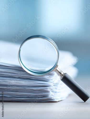 Closeup of a magnifying glass resting on a stack of papers. Conceptual image for research, investigation, audit, due diligence, or detailed analysis. Soft, neutral color palette.
