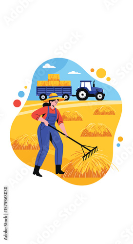 Farmer raking hay in a field with a tractor and hay bales in the trailer