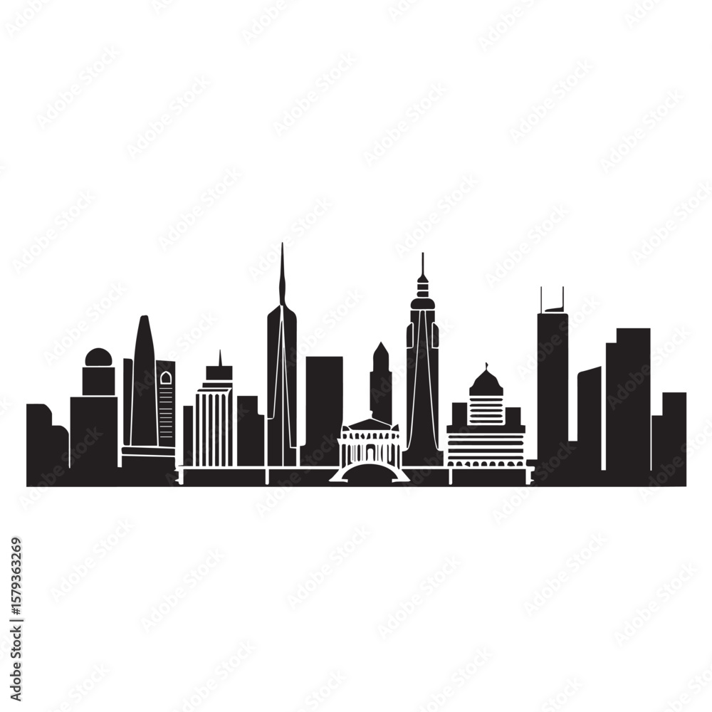 Fototapeta premium Black silhouette of a modern city skyline with diverse architectural styles
