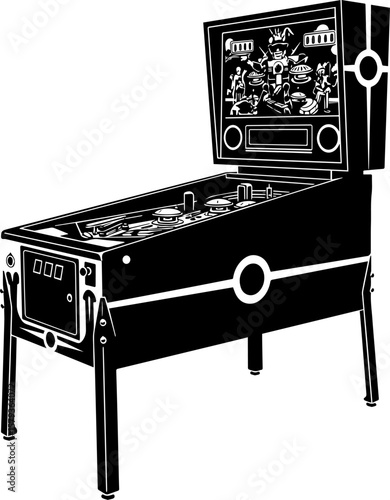 Black and White Pinball Machine with Retro Sci-Fi Artwork