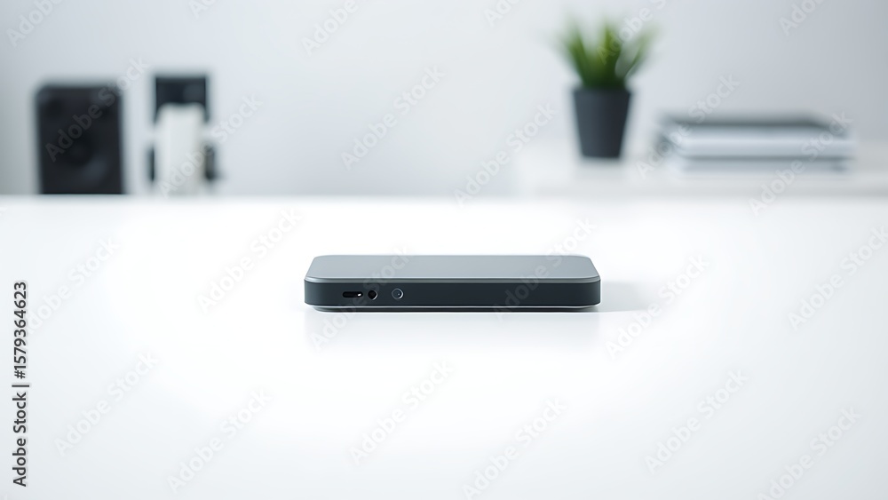 Fototapeta premium Clean minimalist workspace featuring a closed device on a white surface with soft diffused lighting.