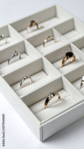 Elegant jewelry rings displayed in a pristine white compartmentalized box. Represents luxury, commitment, and precious possessions. Ideal for showcasing style, value, or sentimental gifts.