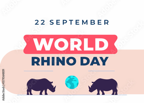 World Rhino Day Illustration with Date Rhinoceros Silhouettes and Earth Icon on Light Background