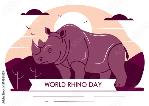 Illustrated World Rhino Day Design with Rhino Landscape and Birds in Flight
