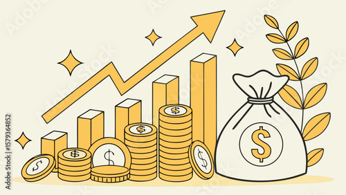 Investment growth chart with money bag and coin stacks financial success and business profit illustration
