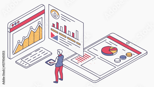 Isometric data analysis dashboard with business charts and graphs for digital marketing strategy and planning