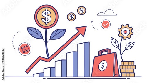 Investment growth and financial success concept with money plants and rising graph illustration