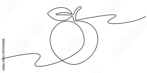 peach fruit continuous one line drawing, Peach fruit in continuous line art drawing style. Simple black sketch made of one line isolated on white background, Fresh peach continuous one line drawing.