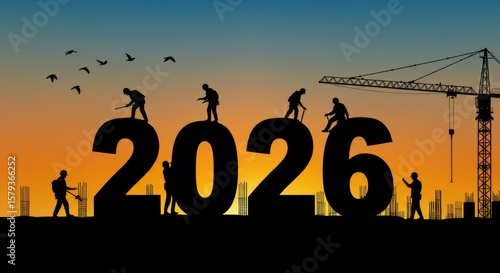 Construction Workers Building 2026 - Silhouette of construction workers building the number 2026 against a sunset backdrop. A crane is visible in the background