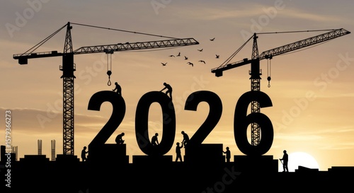 Construction Workers Building 2026 - Silhouetted construction workers build the numbers 2026 against a sunset backdrop, signifying new construction and development in the coming year