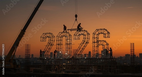 Construction Workers Building 2026 at Dusk - Teamwork, progress, construction, future, new year. Silhouetted workers build a large 2026 structure on a construction site at sunset