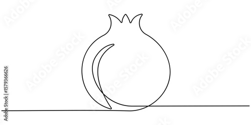 Continuous linear drawing of pomegranate. One line drawing garnet. Pomegranate in one line style. Vector illustration, Pomegranate in Continuous single one line drawing.  One line drawing of fruit.