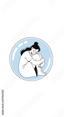 A young woman finds comfort and peace inside a protective blue bubble environment