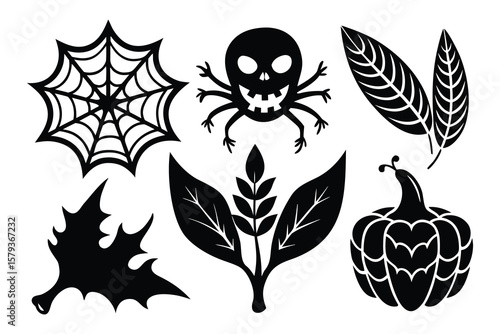 Spooky Halloween Silhouettes Spiderwebs, Skulls, Leaves, and Pumpkins