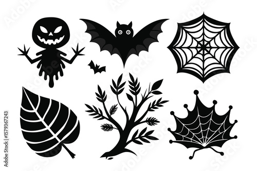 Spooky Halloween Silhouettes Bats, Spiders, Ghosts, and Leaves for Your Design Projects