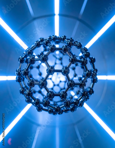 Futuristic, abstract depiction of scientific innovation. Molecular structure with a blue glow, conveys technology, science, connectivity. Ideal for tech, research, innovation visuals.