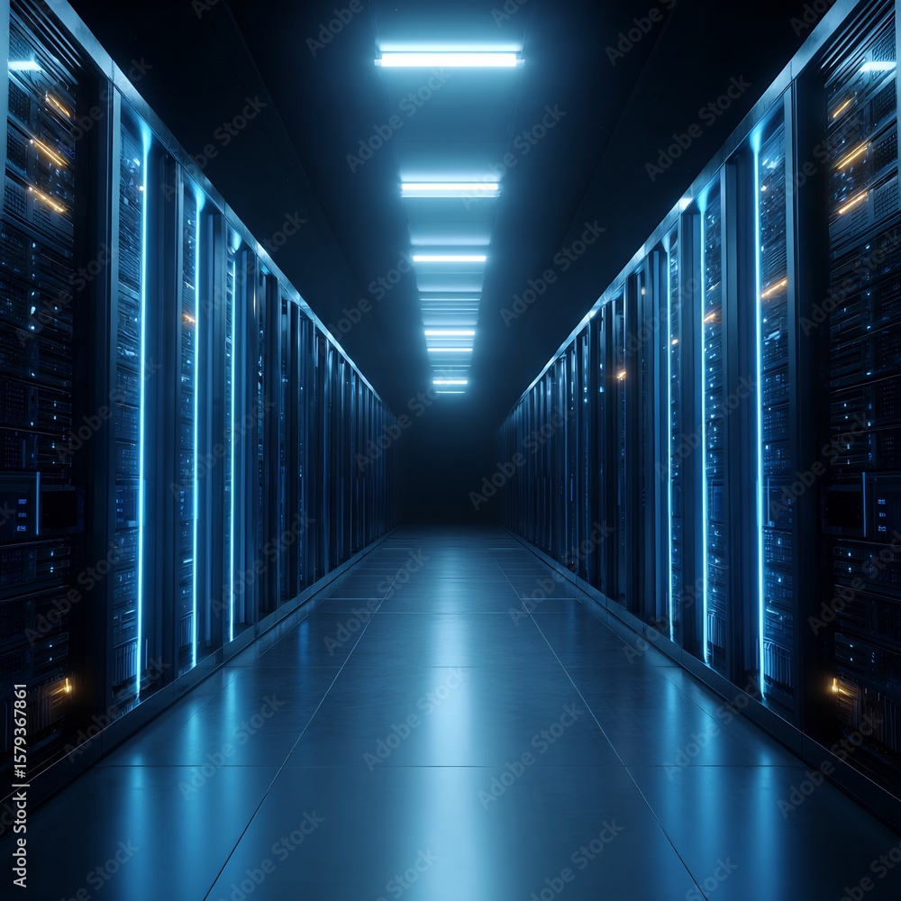 Fototapeta premium Illuminated Data Center Server Room: Modern Technology Infrastructure and Network System