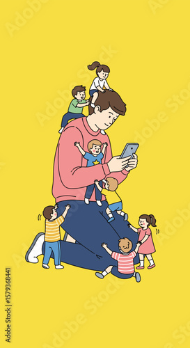 Parent holding phone surrounded by energetic children playing and climbing all over him