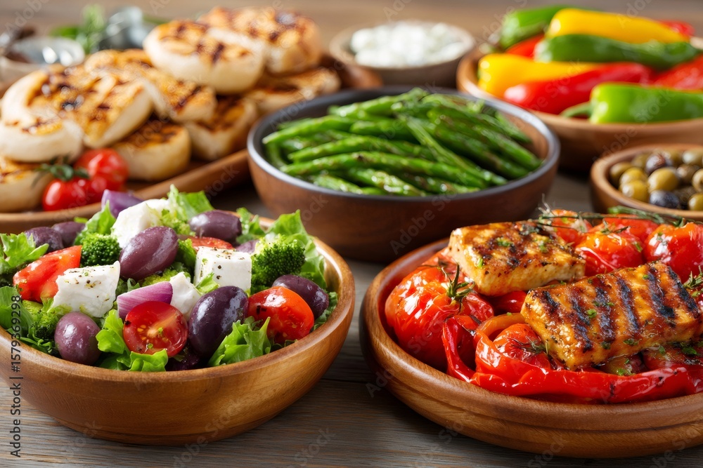 Grilled halloumi cheese, green beans, greek salad and pita bread creating a delicious mediterranean feast Grilled halloumi cheese, green beans, greek salad and pita bread creating a delicious mediterranean feast