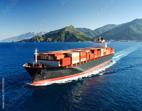Global Cargo Ship Sailing on Deep Blue Ocean Against Majestic Green Mountains on Sunny Day