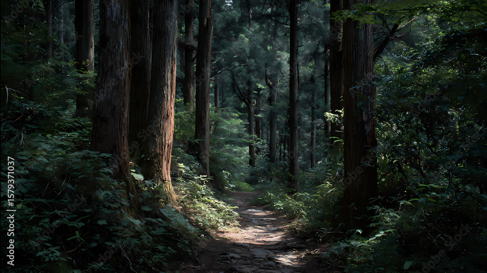 Obraz premium Shaded trail bordered by tall dark trunks under dense canopy