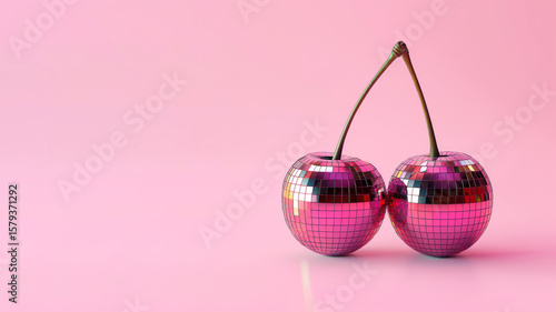 Two disco cherries on pink background. Pop art fruit and party concept.
