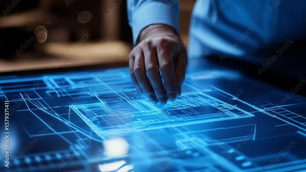 A person's hand interacts with a large, dark, interactive touchscreen displaying a glowing blue digital blueprint or circuit design. The scene is dimly lit, suggesting a late-night work setting