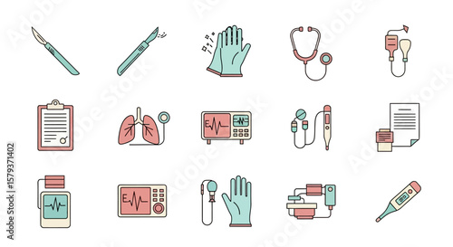 Collection of medical icons including thermometer, antiseptic, bandage, IV drip, monitor, syringe, microscope, doctor, and heart.